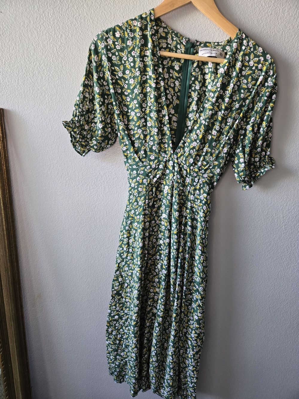 Faithfull the Brand Anthropologie Green Floral Wrap Midi Dress with Puff Sleeve - Picture 7 of 11